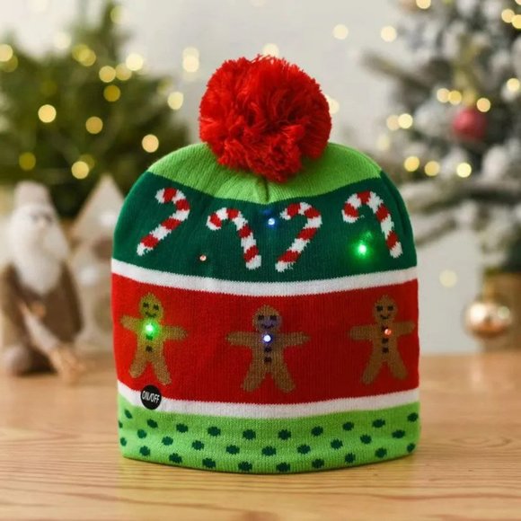 @reneelily Other - 2X HOST PICK Holiday Hat Gingerbread Man ADULT LED  Beanie Pompom